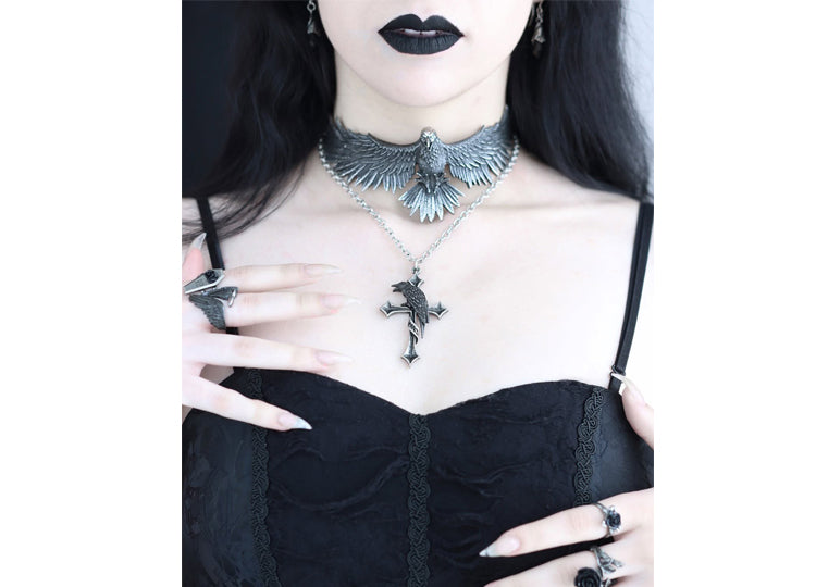 Alchemy England Crux Corvis Necklace Gothic Raven Cross Pendant 2 - JP's Horror Collection